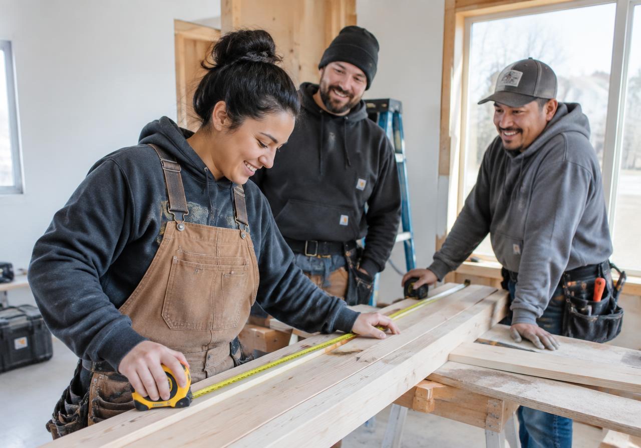 Coastwide crew measuring lumber on a job site